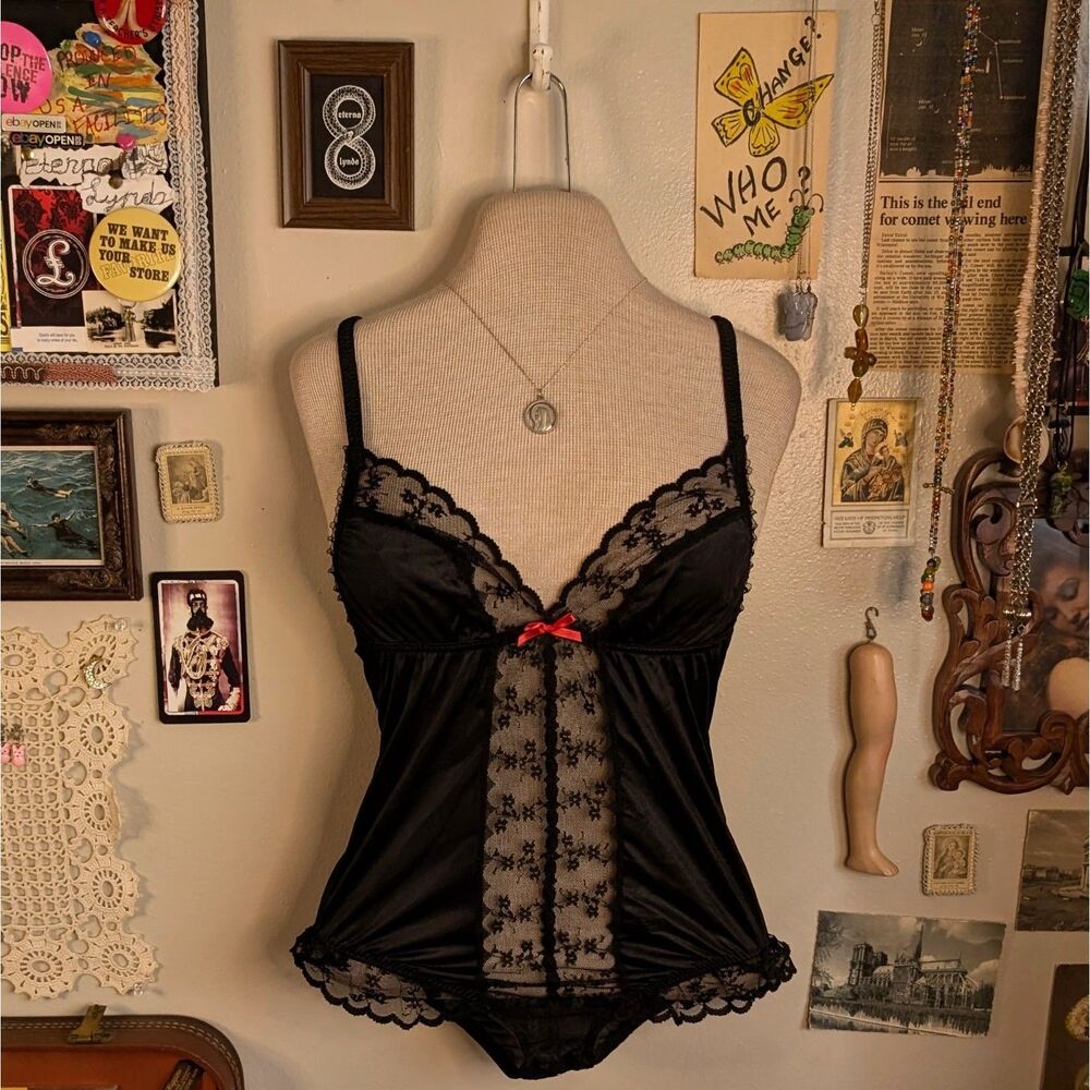 Vintage Satin Lace Teddy Bodysuit Women's Small/Medium Black